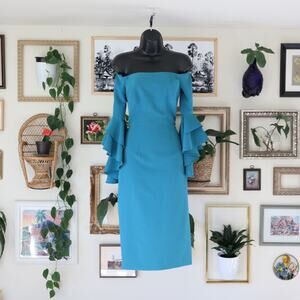 Milly Blue Selena Off the Shoulders Ruffle Bell Sleeves Midi Dress Size 0